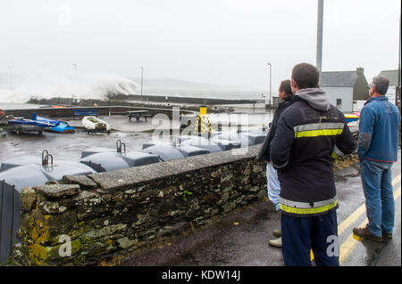 Schull, Irland 16 Okt, 2017. Ex-Hurricane Ophelia hits Schull, Irland mit Windgeschwindigkeiten von 80 km/h und Böen von 130 km/h. Größere strukturelle Schäden zu rechnen, als das Schlimmste kommt noch. Eine Gruppe der lokalen Fischer beobachten die Wellen über Schull Pier. Credit: Andy Gibson/Alamy Leben Nachrichten. Stockfoto