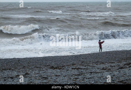 Aberystwyth, Wales, UK. 16 Okt, 2017. UK Wetter: Sturm Ophelia in Aberystwyth, Wales, Großbritannien, Großbritannien, Europa. Starke Winde in der Irischen See kommen, mit Böen bis zu 70 mph, Teig die Cardigan Bay Stadt Aberystwyth, Ceredigion, West Wales. Das Met Office hat Amber Warnungen für die Region als Überreste von Hurrikan Ophelia erreichen Großbritannien ausgestellt. Einen Zauber der sehr windigen Wetter ist heute in Verbindung mit ex-Ophelia erwartet. Längere Fahrzeiten und Stornierungen sind wahrscheinlich, wie Straße, Schiene, Luft- und Fährverbindungen können betroffen als auch Brücke Verschlüsse. Credit: Paul Quayle/Alamy leben Nachrichten Stockfoto
