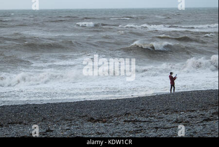 Aberystwyth, Wales, UK. 16 Okt, 2017. UK Wetter: Sturm Ophelia in Aberystwyth, Wales, Großbritannien, Großbritannien, Europa. Starke Winde in der Irischen See kommen, mit Böen bis zu 70 mph, Teig die Cardigan Bay Stadt Aberystwyth, Ceredigion, West Wales. Das Met Office hat Amber Warnungen für die Region als Überreste von Hurrikan Ophelia erreichen Großbritannien ausgestellt. Einen Zauber der sehr windigen Wetter ist heute in Verbindung mit ex-Ophelia erwartet. Längere Fahrzeiten und Stornierungen sind wahrscheinlich, wie Straße, Schiene, Luft- und Fährverbindungen können betroffen als auch Brücke Verschlüsse. Credit: Paul Quayle/Alamy leben Nachrichten Stockfoto