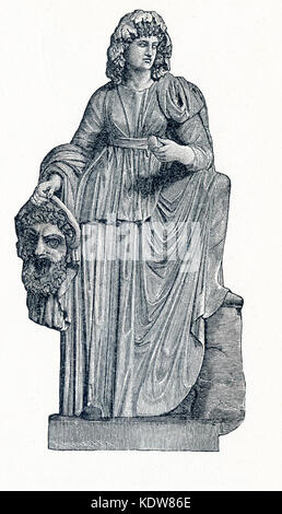 Diese Abbildung stammt aus dem Jahr 1898 und zeigt die Statue von melpomene im Vatikan Museum. Melpomene war als die Muse der Tragödie geehrt. In der griechischen und römischen Mythologie, die Musen waren neun Töchter des Zeus und der Mnemosyne (Göttin der Erinnerung). Es wurden geehrt als Förderer der Künste und der Wissenschaften. Calliope war der Kopf Muse, und Apollo, der Gott der Weissagung und Song, war ihr Anführer. Stockfoto