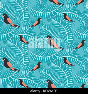 Vögel auf den Ästen mit dichten Blätter blau Muster nahtlose Vektor. Stock Vektor