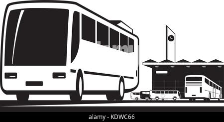 Busse kommen und am Bahnhof abfahren - Vector Illustration Stock Vektor