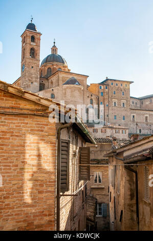 Blick auf den Dom (Duomo) von Urbino und die Stadt Häuser, in Italien Stockfoto