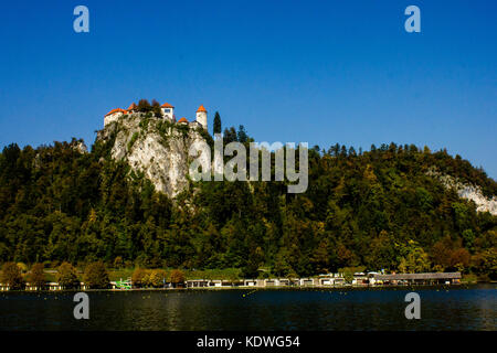 Die Burg von Bled, in einem Felsen in der Nähe des Sees und der berühmten Insel, Slowenien Stockfoto