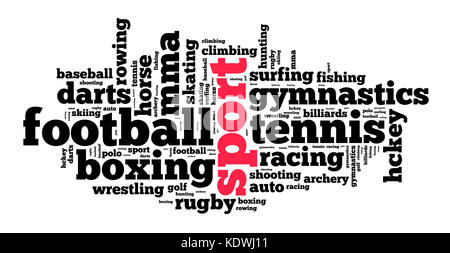 Sport word cloud Konzept auf weißem Hintergrund Stockfoto