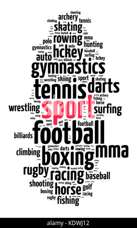 Sport word cloud Konzept auf weißem Hintergrund Stockfoto