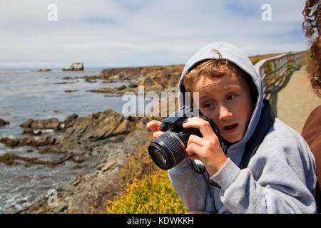 Junge Bilder mit einer Kamera, San Simeon, San Luis Obispo County, Kalifornien, USA (mr) Stockfoto