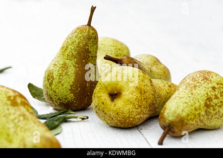 Abate Fetel Birnen mit Blättern auf weiß lackiertes Holz. Stockfoto