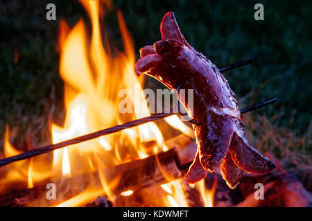 Deutsche Wurst auf Metall Spieß Kochen am Feuer in der Nacht. Stockfoto