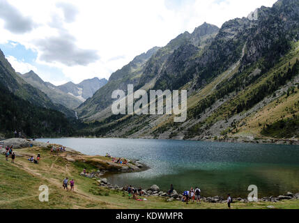 Ein Blick auf den Lac von Gaube in den Pyrenäen Stockfoto