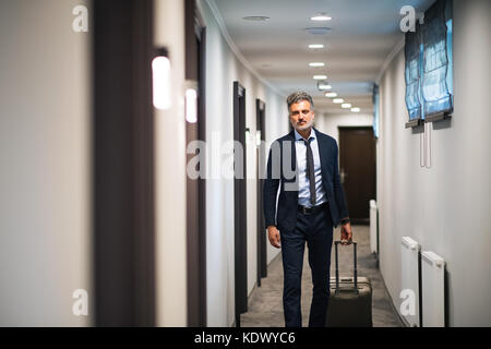 Reifen Geschäftsmann wandern mit Gepäck in ein Hotel Flur. schöner Mann ziehen Koffer. Stockfoto