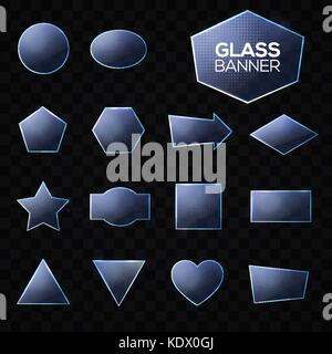 Blaues Glas Teller Set. Dreieck Quadrat Rechteck Sechseck, Pentagon, Stern, Herz, Kreis strukturierten Rahmen mit Leuchten und Licht auf transparenten Hintergrund. Technik formen. Realistische Vector Illustration. Stock Vektor