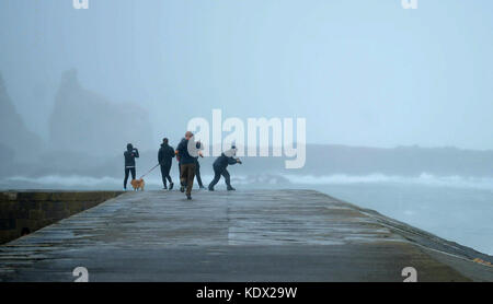 Menschen an der Pier-Wand während des Sturms Ophelia am East Pier in Howth, Dublin, Irland, als Hurkan Ophelia Großbritannien und Irland mit Böen von bis zu 80 km/h bekämpft. Stockfoto