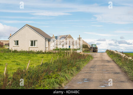 Orkney Gehäuse - alte und neue Häuser auf Westray - moderne Bungalow, und alte Steinhaus mit großen Stein Schieferdach Stockfoto
