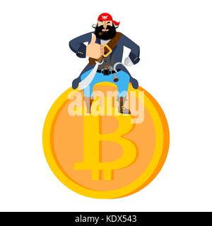 Bitcoin und Pirat. filibuster auf der Münze. die illegale Extraktion von virtuellem Geld. unerlaubte Weitergabe von crypto Währung. Vector Illustration Stock Vektor