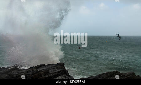 Stürmischer See in der Nähe der Stadt Greystones, Ostküste Irlands, in der irischen See. Schwanz von Hurrikan Ophelia. Anfang. Stockfoto