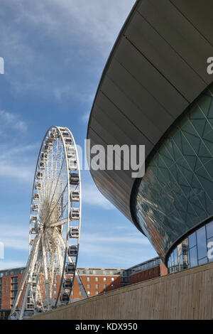 Liverpool, Großbritannien. Das Rad von Liverpool und der Echo Arena (2008), auf den Fluss Mersey Waterfront auf dem Gelände des alten König Dock Stockfoto