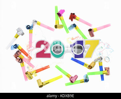2017 Text mit Brille auf Silvester Feier Hintergrund Stockfoto