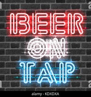 Leuchtende neon bar Schild Bier auf der Mauer Hintergrund tippen. leuchtende und strahlende Neon-effekt. Alle Elemente sind separate Einheiten mit Kabel, Rohre, bracke Stock Vektor