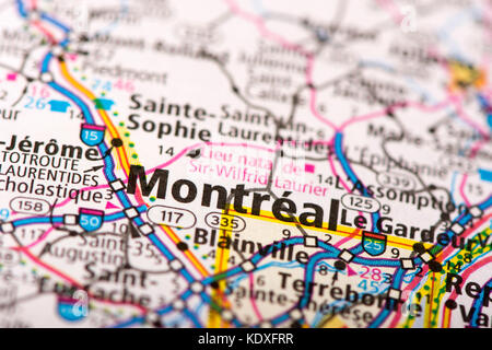 Nahaufnahme von Montréal, Québec auf eine politische Karte von Kanada. Stockfoto