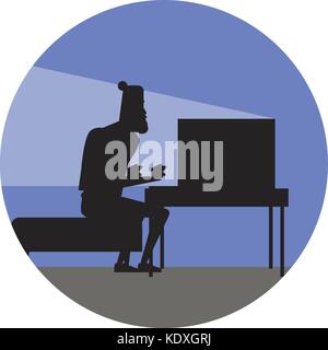 Lustige Zeichentrickfigur. Silhouette eines bärtigen Hipster Freelancers, der im Raum auf einem Sessel sitzt und mit Laptop ferngesteuert arbeitet Stock Vektor
