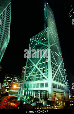 China. Hongkong. Gebäude der Bank of China bei Nacht. Stockfoto