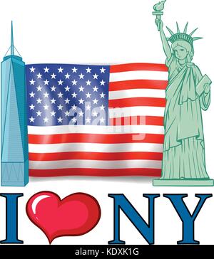 Ich liebe New York Banner mit amerikanischer Flagge und Gebäude Abbildung Stock Vektor