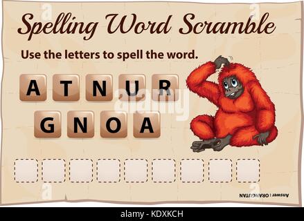 Rechtschreibung Word Scramble Game Template mit Word Orang-utan Abbildung Stock Vektor