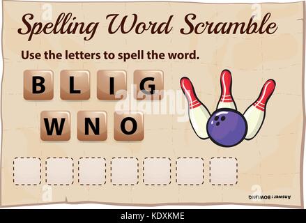 Rechtschreibung Word Scramble Game Template mit Word bowling Abbildung Stock Vektor