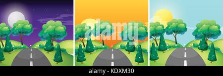 Drei Szenen von Landschaft in anderen Tageszeit Abbildung Stock Vektor