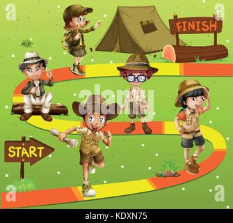 Spiel Template mit Kindern in Safari Outfit Abbildung Stock Vektor