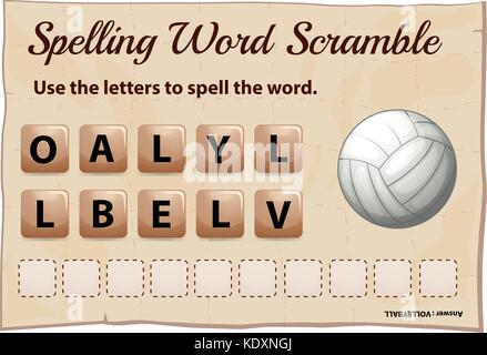 Rechtschreibung Word Scramble Game Template mit Wort volleyball Abbildung Stock Vektor