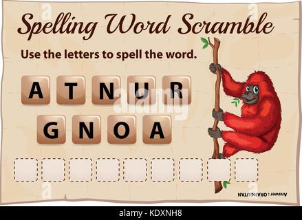 Rechtschreibung Word Scramble Game Template mit Orang-utan Abbildung Stock Vektor