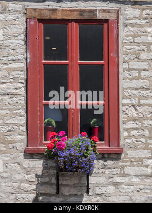 Fenster und Blumenkasten, Vieux Quebec, Altstadt, Quebec City, Kanada. Stockfoto