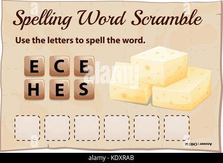 Rechtschreibung Word Scramble Game Template mit Wort Käse Abbildung Stock Vektor