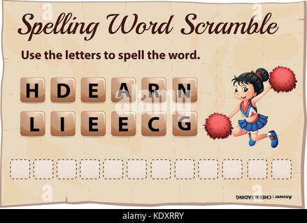 Rechtschreibung Word Scramble Game Template mit cheerleading Abbildung Stock Vektor