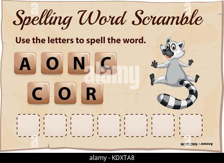 Rechtschreibung Word Scramble Game Template mit Word Waschbär Abbildung Stock Vektor