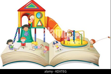 Kinder spielen am Spielplatz auf buchillustration Stock Vektor