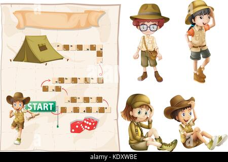 Spiel Template mit Kindern in Safari Outfit Abbildung Stock Vektor