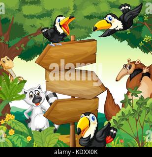 Wilde Tiere rund um den Holz- Zeichen in Holz Abbildung Stock Vektor
