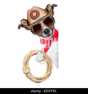 Cool cowboy Hund hinter weißen leeren Banner oder Plakat Stockfoto