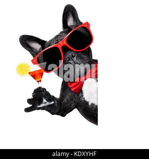 Französische Bulldogge Hund holding Martini Cocktail Glas bereit, Spaß und Party zu haben, hinter einer weißen leeren Banner oder Plakat, auf weißem Hintergrund Stockfoto