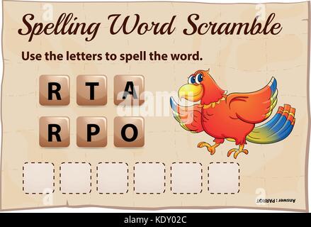 Rechtschreibung Word Scramble Game Template mit Word parrot Abbildung Stock Vektor