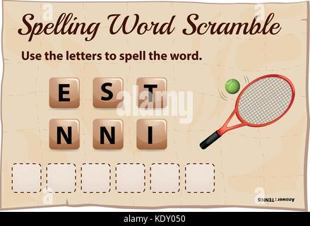 Rechtschreibung Word Scramble Game Template mit Wort tennis Abbildung Stock Vektor