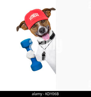 Personal trainer Hund mit hantel und Banner Stockfoto