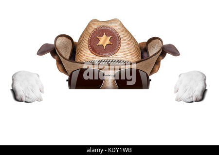 Cool cowboy Hund versteckt sich hinter weißen leeren Banner oder Plakat Stockfoto