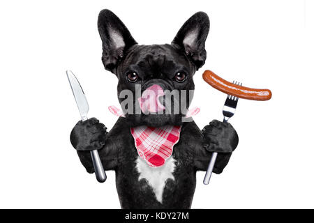 Hungrig französische Bulldogge Hund mit Geschirr oder Besteck bereit, Dinner oder Lunch zu essen, mit einer Wurst, die Zunge heraus, auf weißem Hintergrund Stockfoto