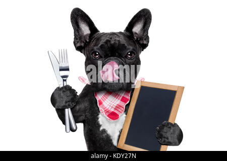 Hungrig französische Bulldogge Hund bereit, Dinner oder Lunch zu essen, eine leere Tafel oder Plakat, Zunge heraus, auf weißem Hintergrund Stockfoto