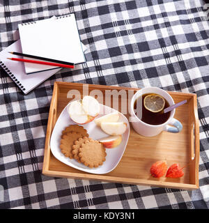 Ein Tablett mit einer Tasse Tee und einer Platte mit Ingwer Kekse und ein Apple auf einem karierten Bettdecke Stockfoto