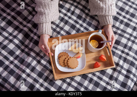 Ein Tablett mit einer Tasse Tee und einer Platte mit Ingwer Kekse und ein Apple auf einem karierten Bettdecke Stockfoto